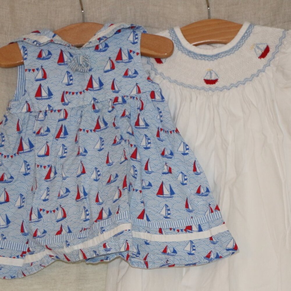 Sailing smocked dresses Little English (24 mo) and JoJo Maman Bebe (3-6 months)
